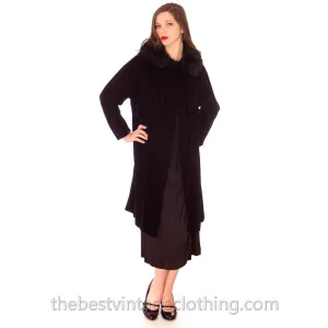 Vintage 1950s Womens Black Velvet Evening Coat Fur Trim Classic Style Fits S M L