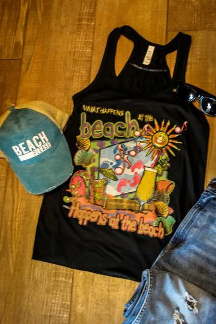 What Happens at the Beach Flowy Racerback Tank