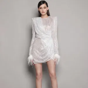 White Sequined Women's Feathers Dress