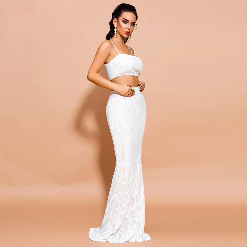 Women's Off-Shoulder Sequin Two-Piece Set Dress