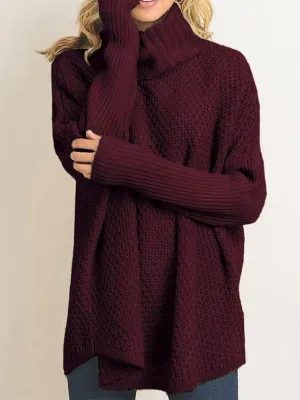 Women's Oversized Wine Red Knit Turtleneck Jumper | Ideal for Autumn/Winter
