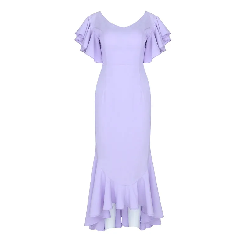 Women's Summer Backless Long V-Neck Dress With Ruffles